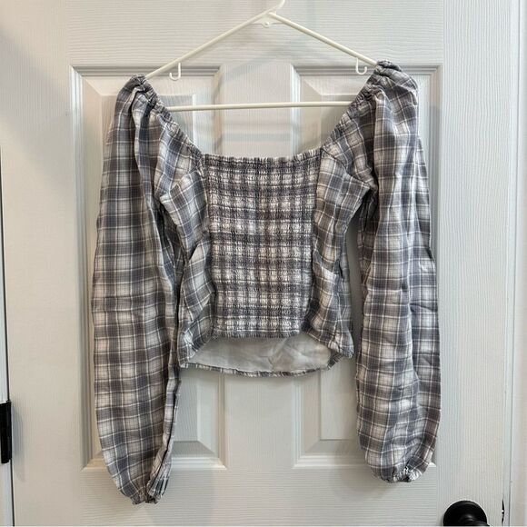 Abercrombie & Fitch plaid square neck puffy sleeve shirred back blouse size XS - Picture 7 of 9